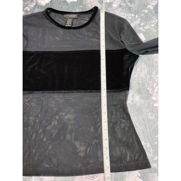 Express Fitted Mesh Top Crew Neck Long Sleeve Stretch Sheer Black Womens Size M - Picture 7 of 7